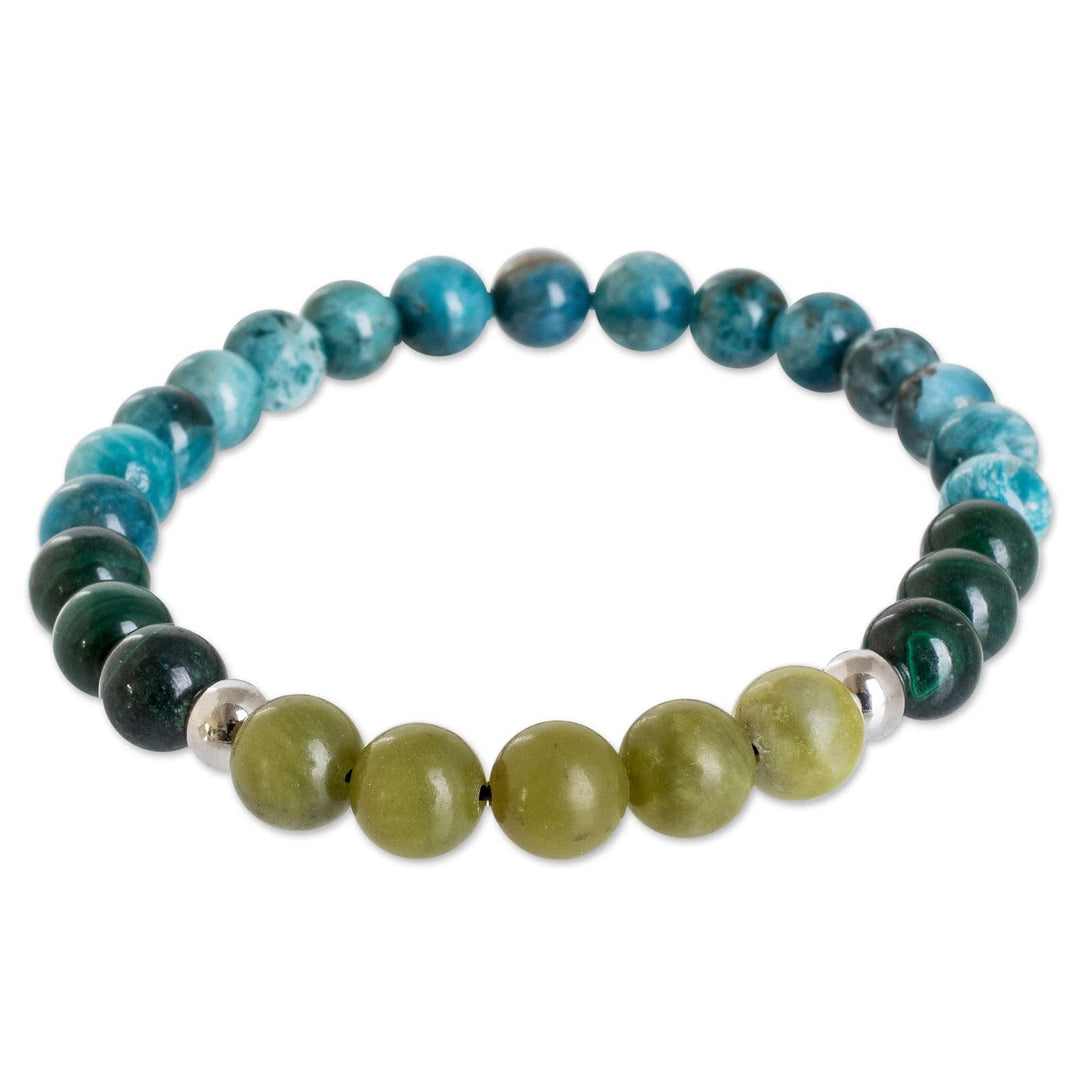 Men's Agate Peridot and Malachite Beaded Stretch Bracelet - Water and River