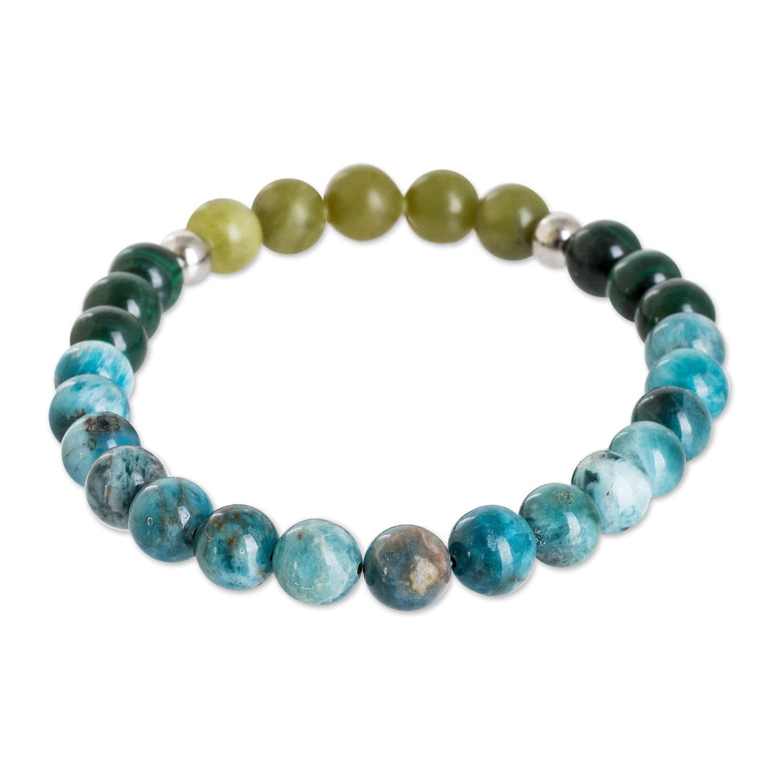 Men's Agate Peridot and Malachite Beaded Stretch Bracelet - Water and River