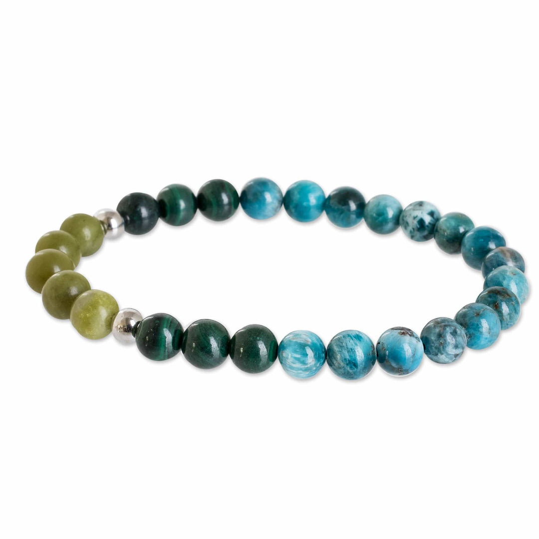 Men's Agate Peridot and Malachite Beaded Stretch Bracelet - Water and River