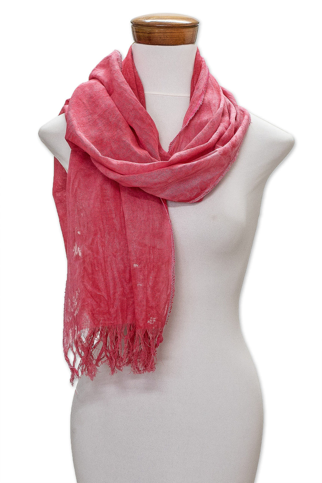 Hand-Painted Fringed Cotton Scarf in Red from Costa Rica - Coral Red