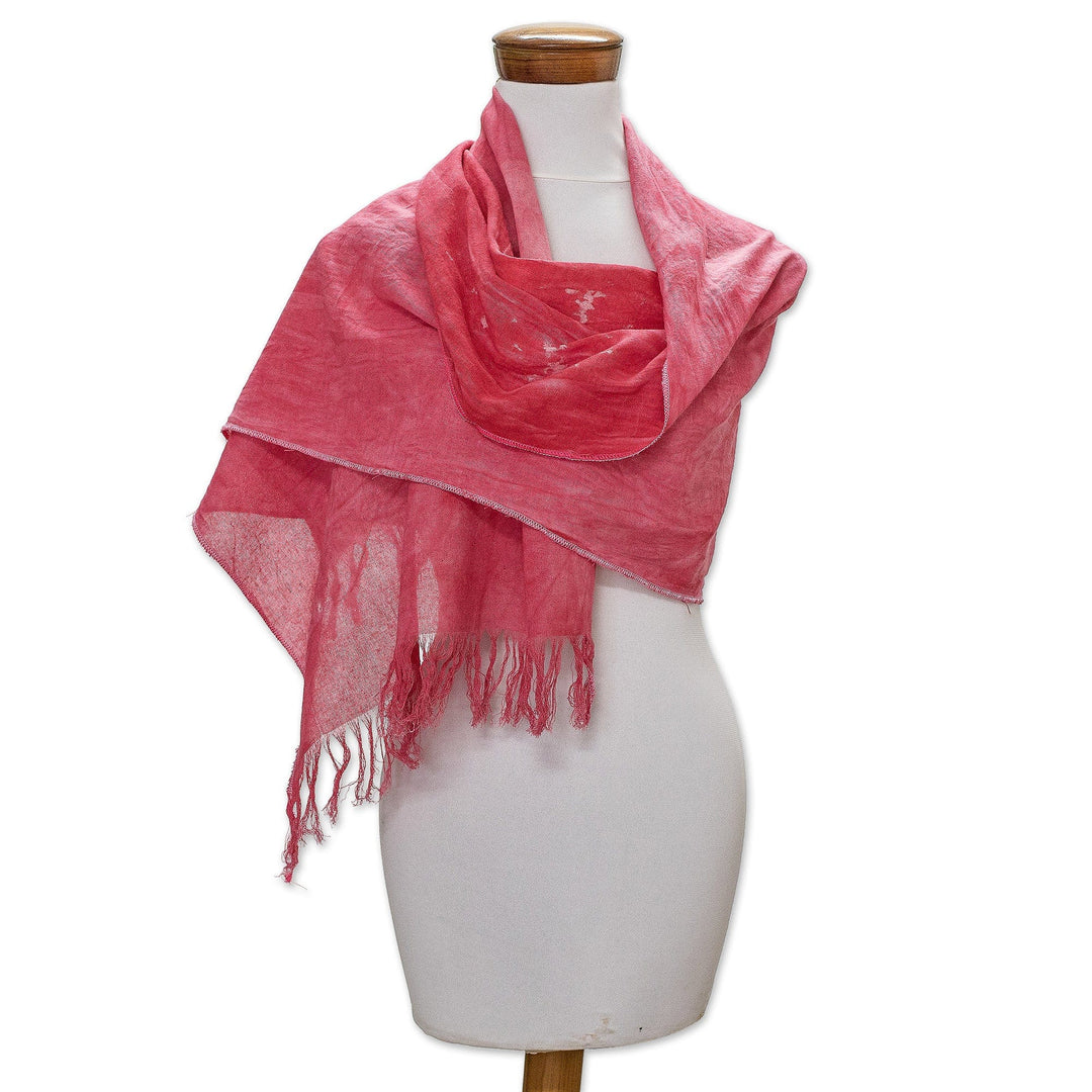 Hand-Painted Fringed Cotton Scarf in Red from Costa Rica - Coral Red