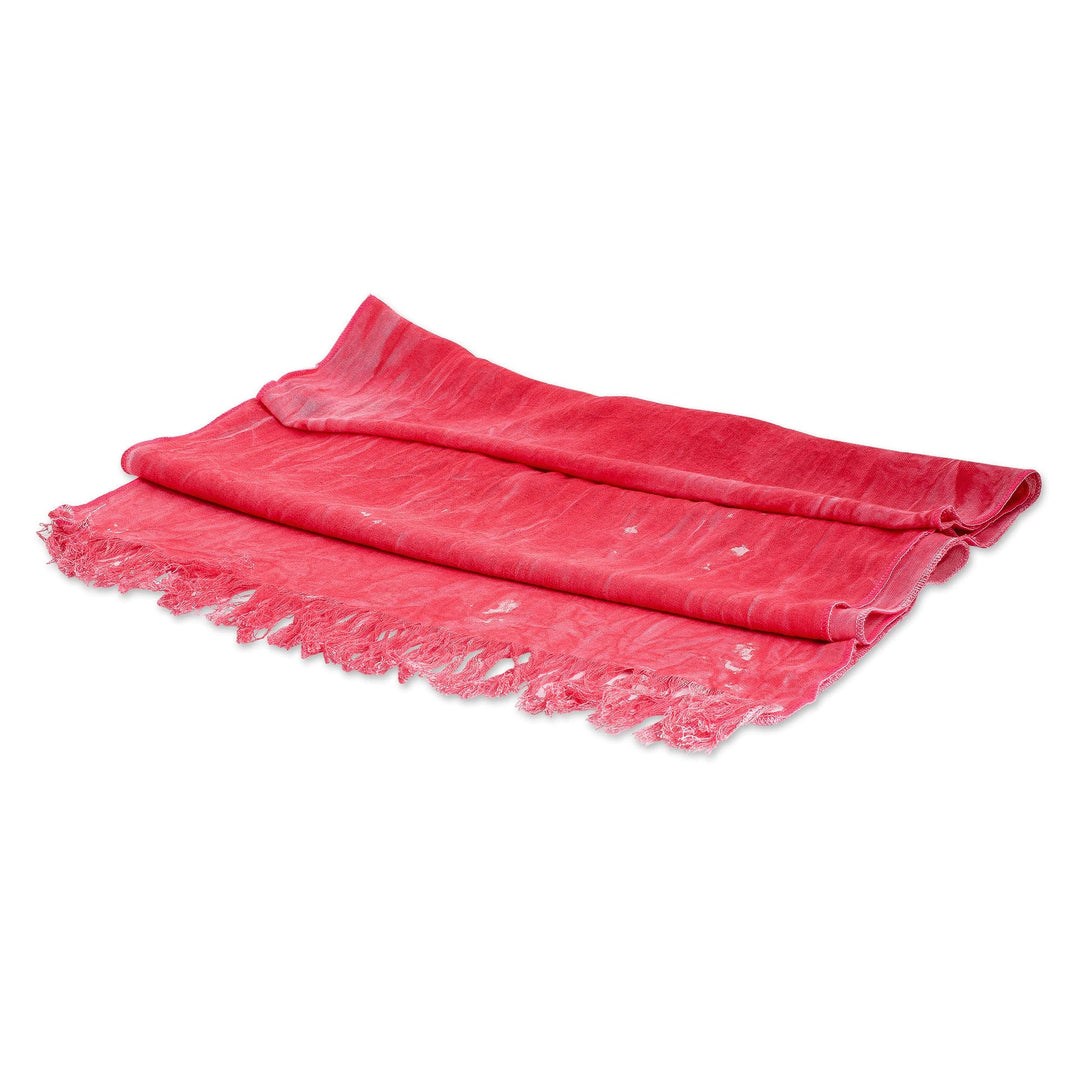 Hand-Painted Fringed Cotton Scarf in Red from Costa Rica - Coral Red