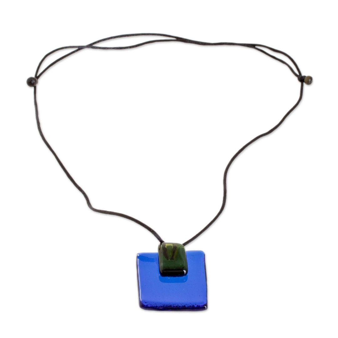 Modern Blue and Green Square Recycled Glass Pendant Necklace - Crystalline Allure