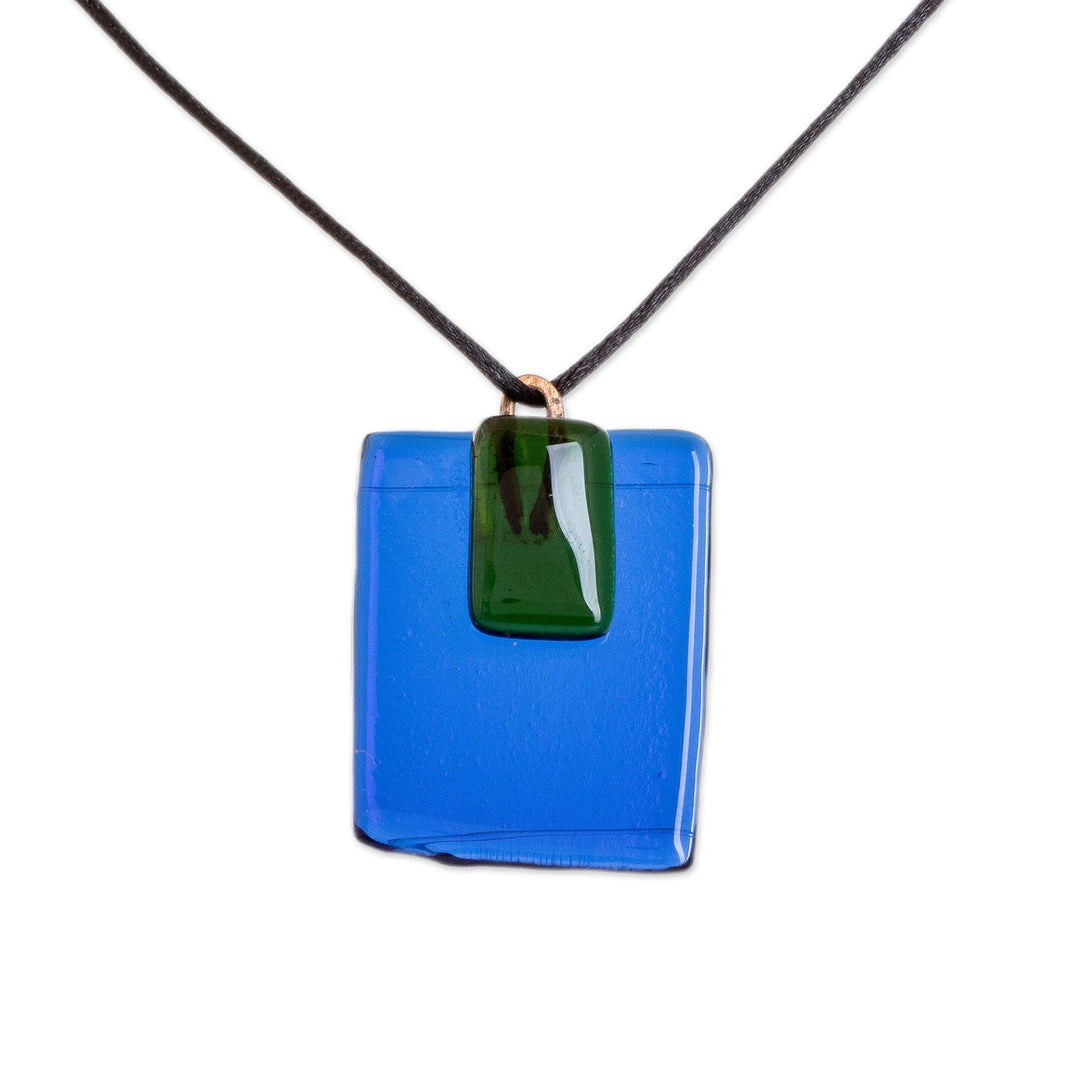 Modern Blue and Green Square Recycled Glass Pendant Necklace - Crystalline Allure