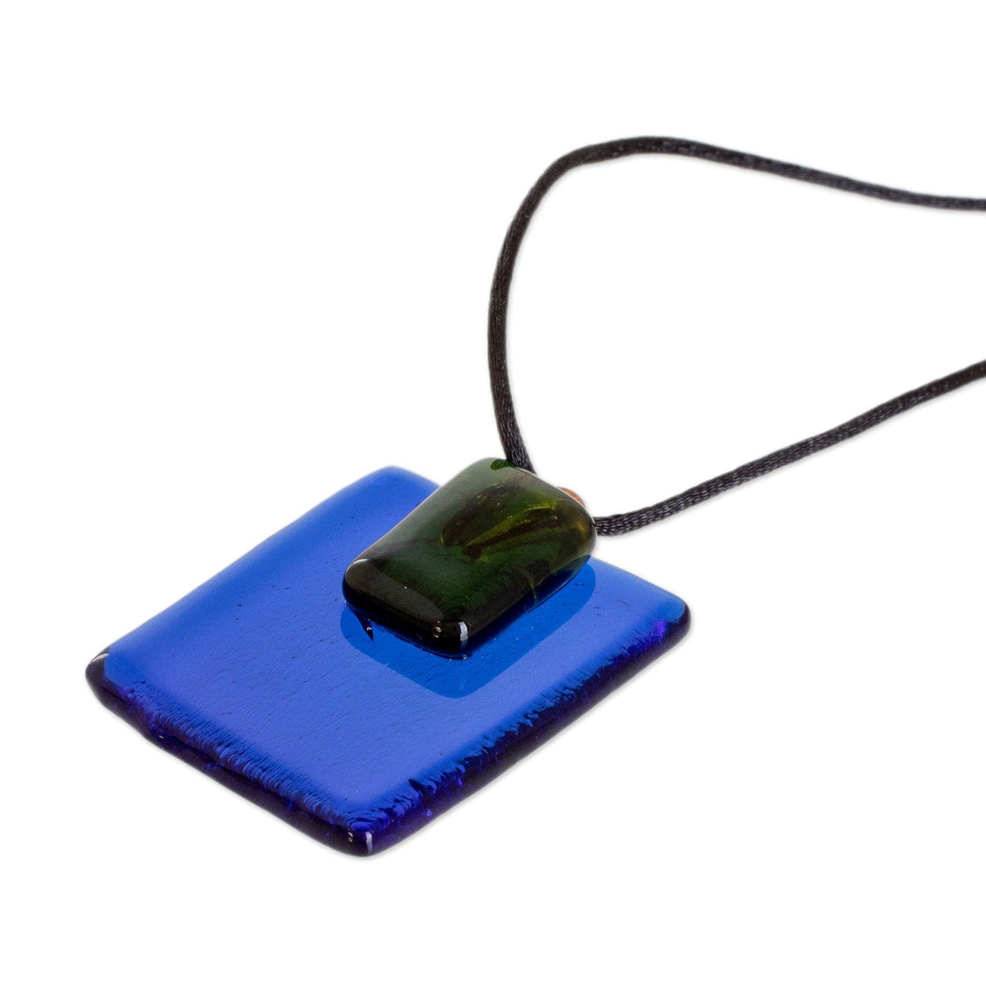 Modern Blue and Green Square Recycled Glass Pendant Necklace - Crystalline Allure