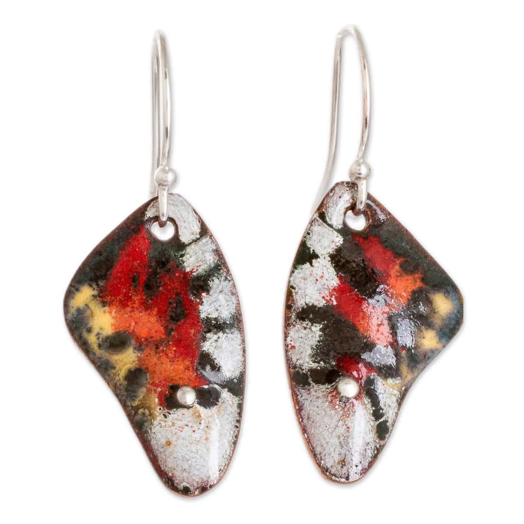 Hand-Painted Butterfly Wing Enameled Copper Dangle Earrings - Butterfly Essence