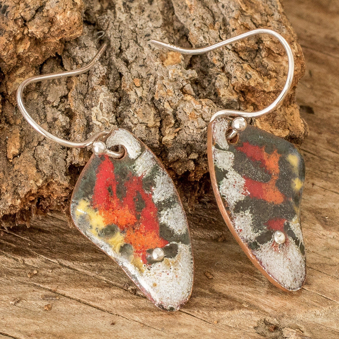 Hand-Painted Butterfly Wing Enameled Copper Dangle Earrings - Butterfly Essence