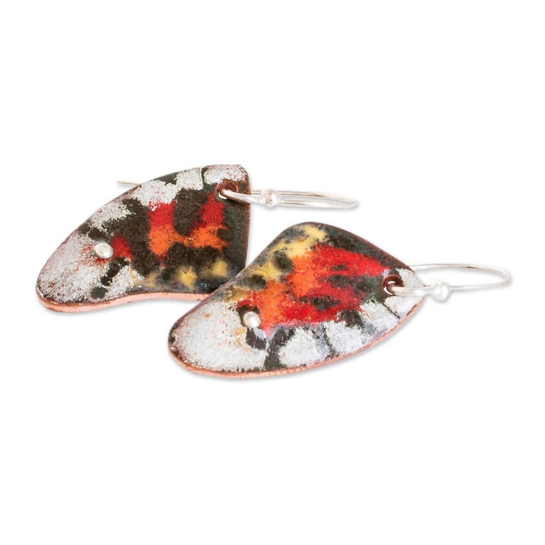 Hand-Painted Butterfly Wing Enameled Copper Dangle Earrings - Butterfly Essence