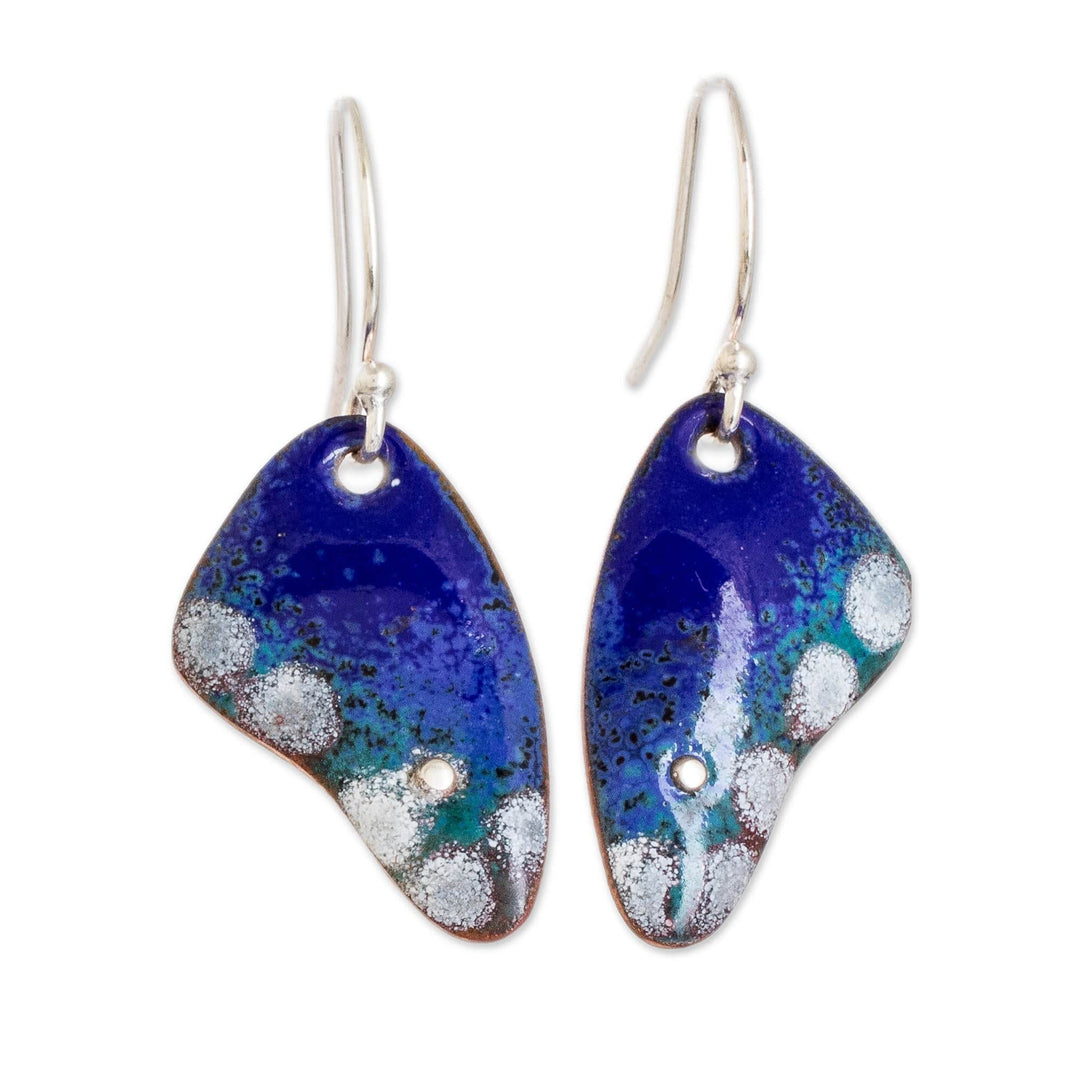 Enameled Copper Dangle Earrings with Butterfly Wing Motif - Small Blue Winged Butterfly