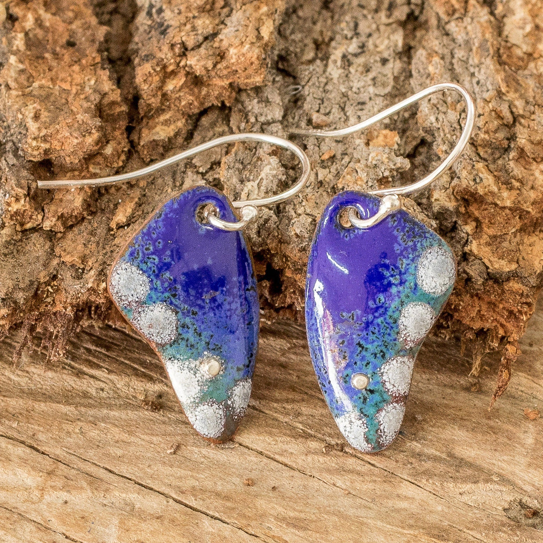 Enameled Copper Dangle Earrings with Butterfly Wing Motif - Small Blue Winged Butterfly