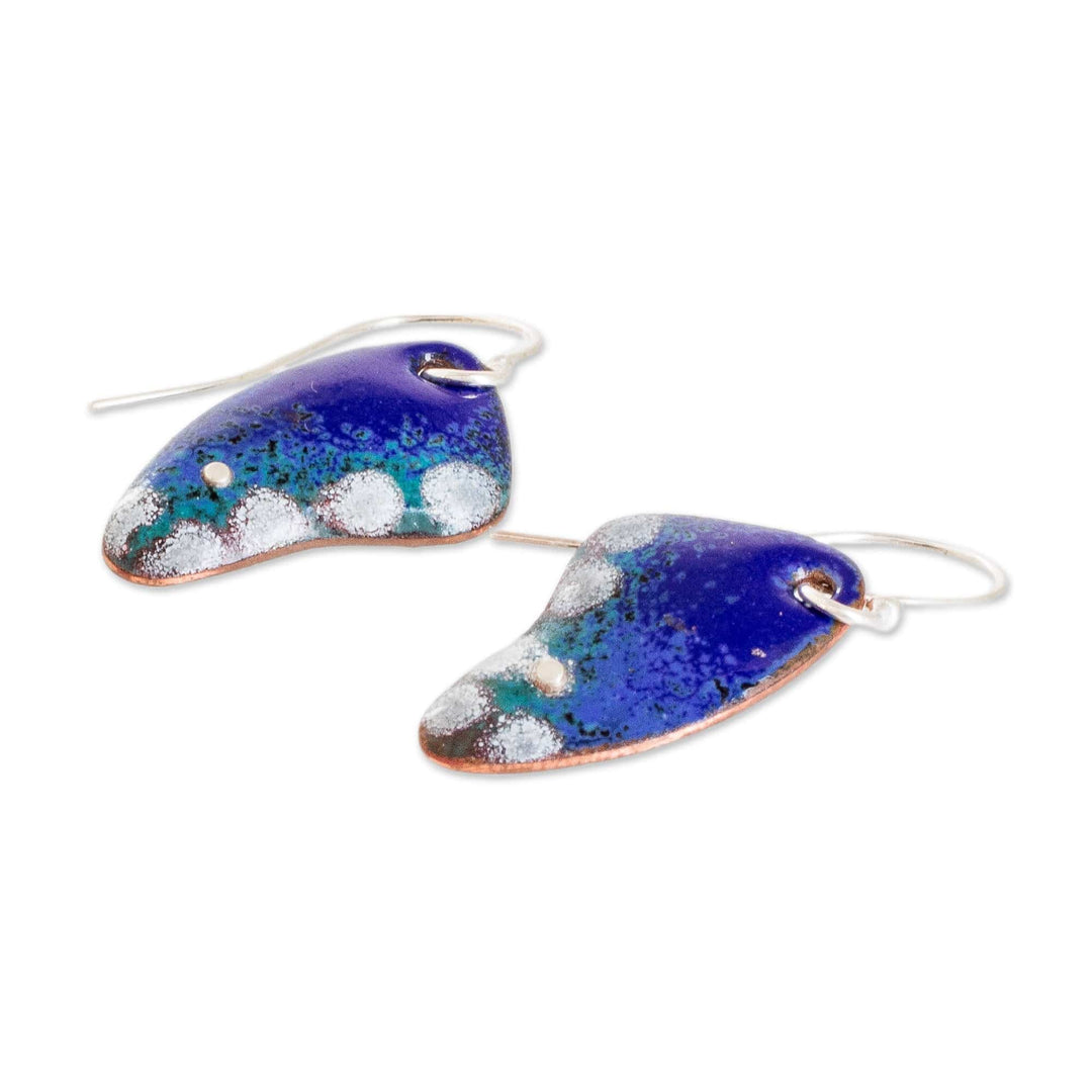 Enameled Copper Dangle Earrings with Butterfly Wing Motif - Small Blue Winged Butterfly