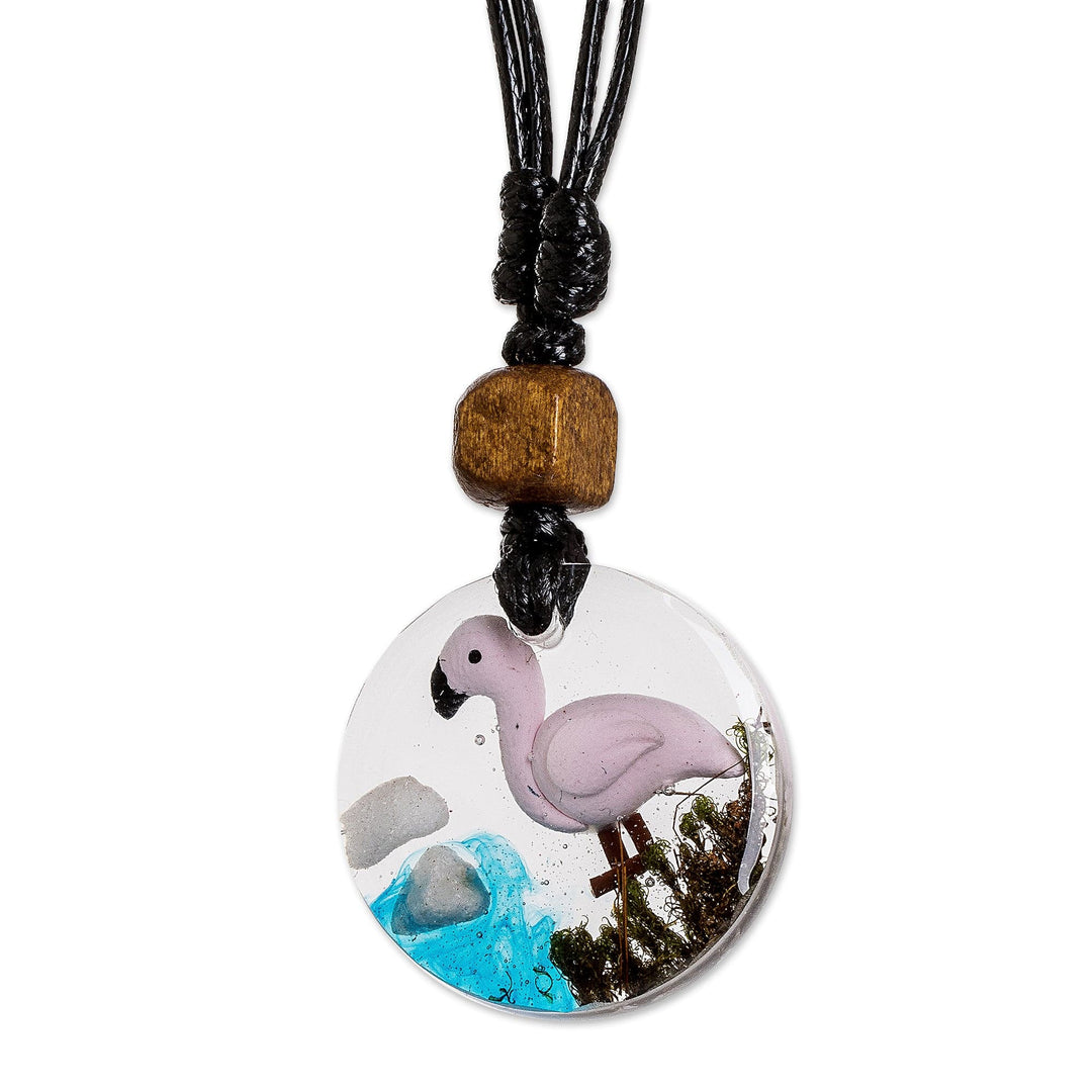 Handcrafted Flamingo-Themed Round Resin Pendant Necklace - Planet Flamingo