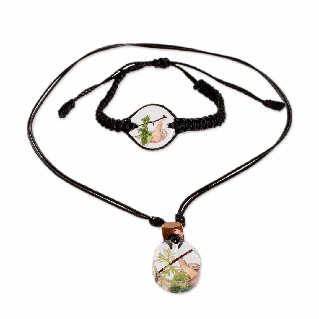 Set of Leafy and Sloth-Themed Necklace and Macrame Bracelet - Gentle Jungle