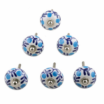 Set of 6 Handcrafted Blue and White Leafy Ceramic Knobs - The Forest Blue