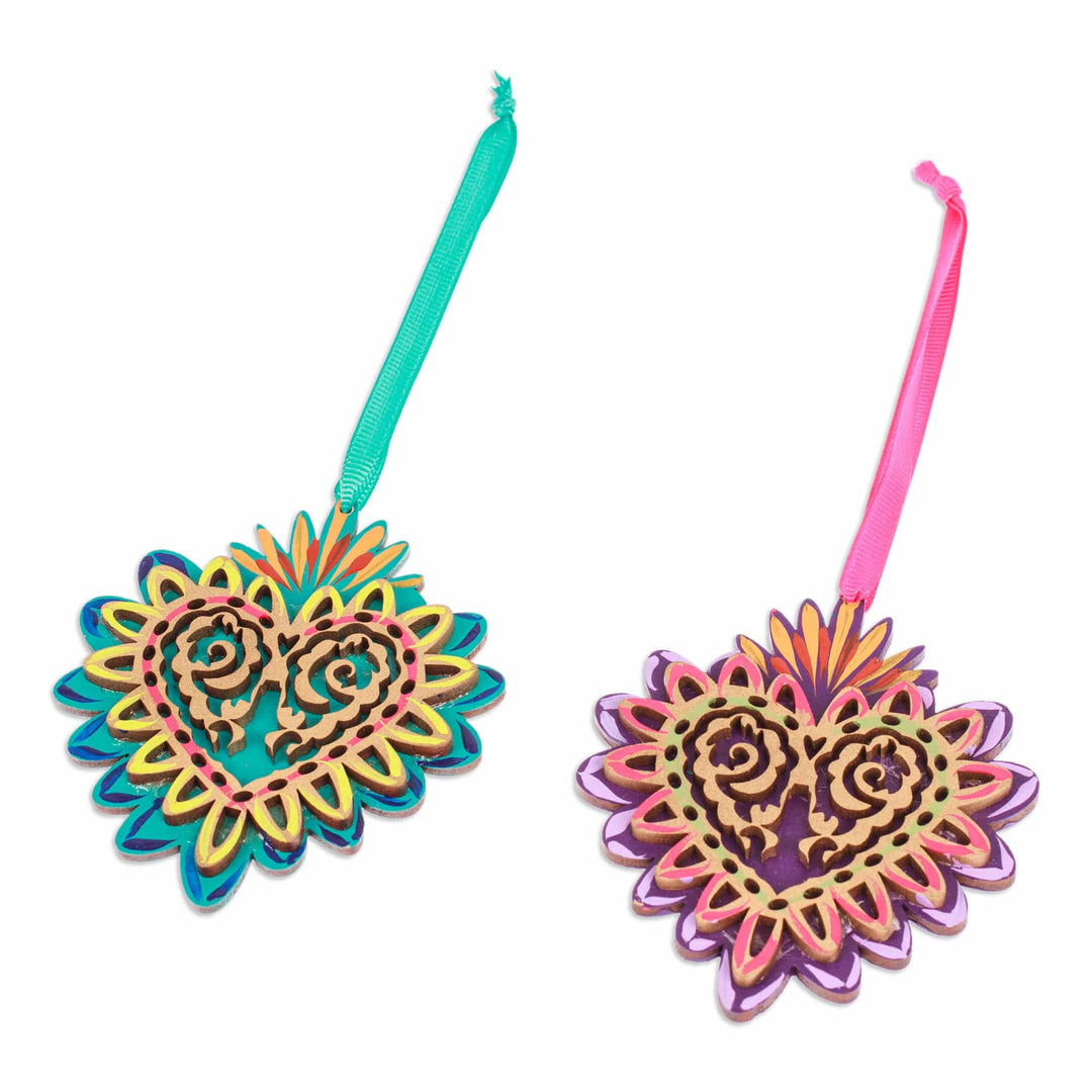 2 Hand-Painted Heart-Shaped Wood Ornaments with Ribbons - Shimmering Heart