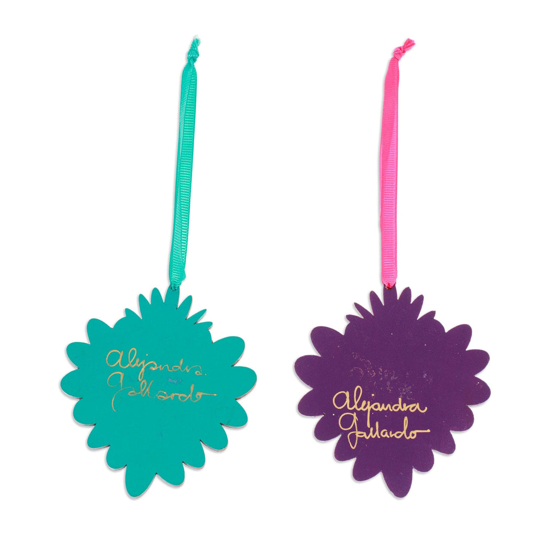 2 Hand-Painted Heart-Shaped Wood Ornaments with Ribbons - Shimmering Heart