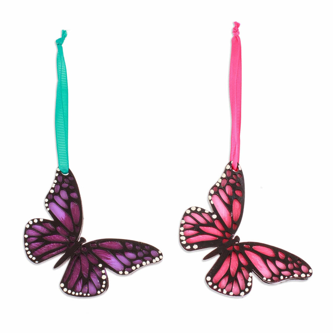 Pair of Hand-Painted Wood Butterfly Ornaments with Ribbons - Monarchs of Hope