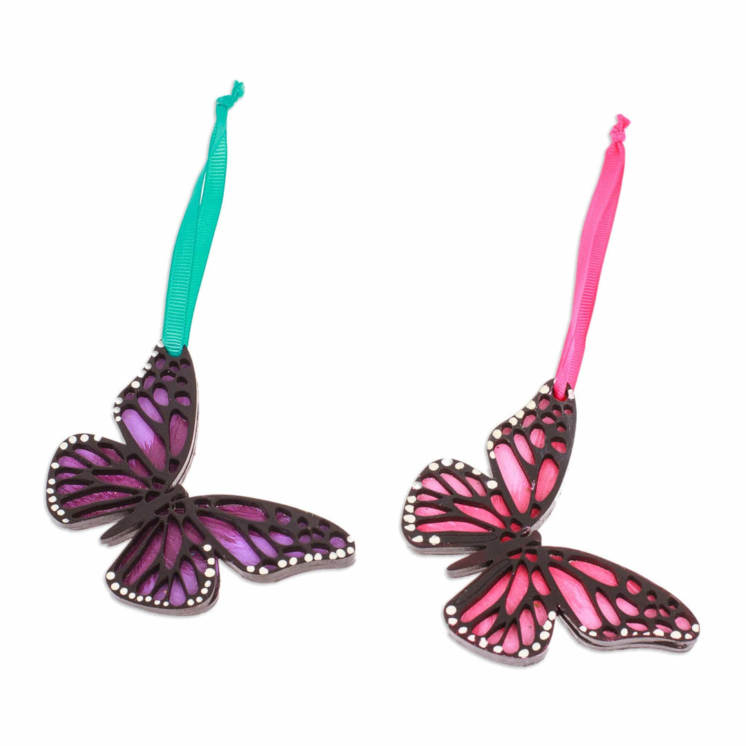 Pair of Hand-Painted Wood Butterfly Ornaments with Ribbons - Monarchs of Hope