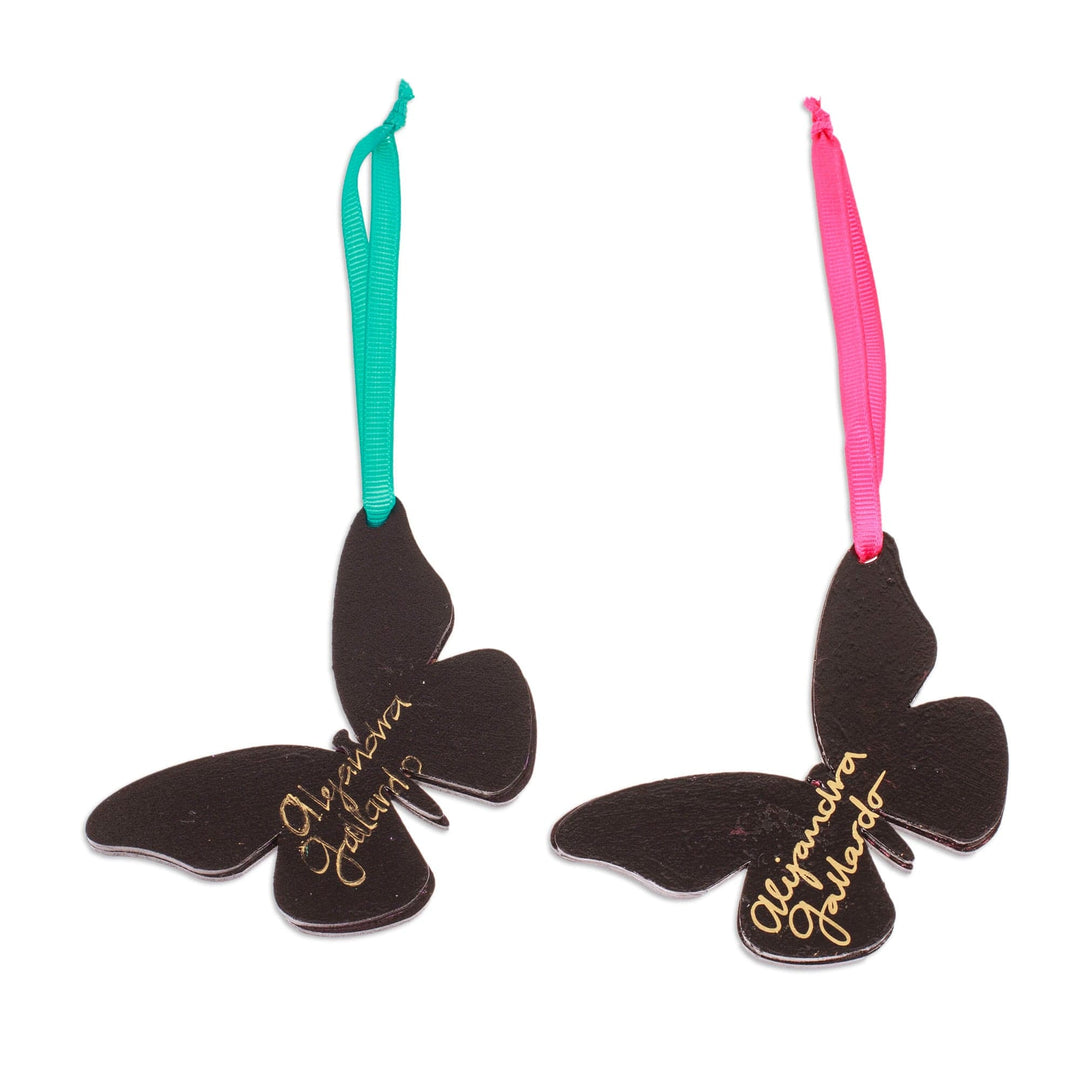 Pair of Hand-Painted Wood Butterfly Ornaments with Ribbons - Monarchs of Hope