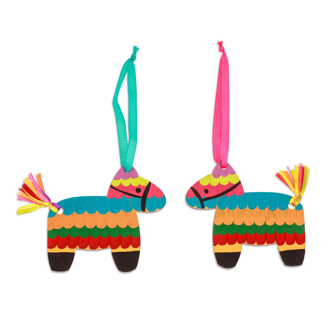 Pair of Hand-Painted Wood Donkey Ornaments with Ribbons - Vivacious Donkey