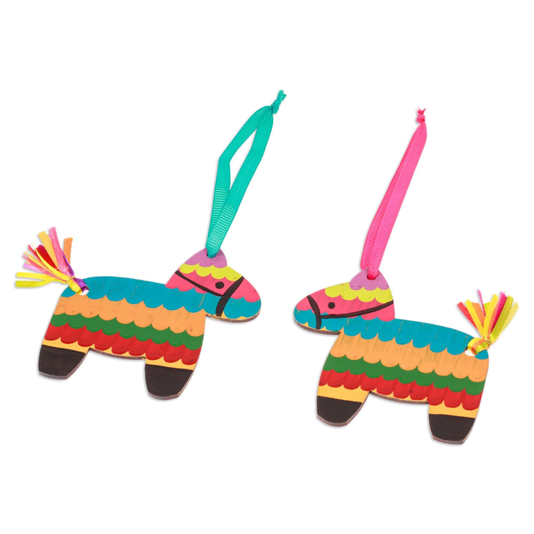 Pair of Hand-Painted Wood Donkey Ornaments with Ribbons - Vivacious Donkey