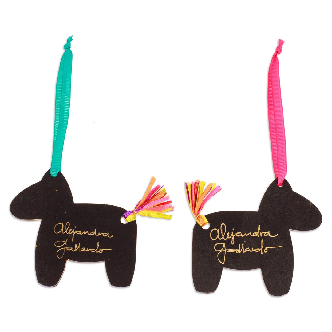 Pair of Hand-Painted Wood Donkey Ornaments with Ribbons - Vivacious Donkey