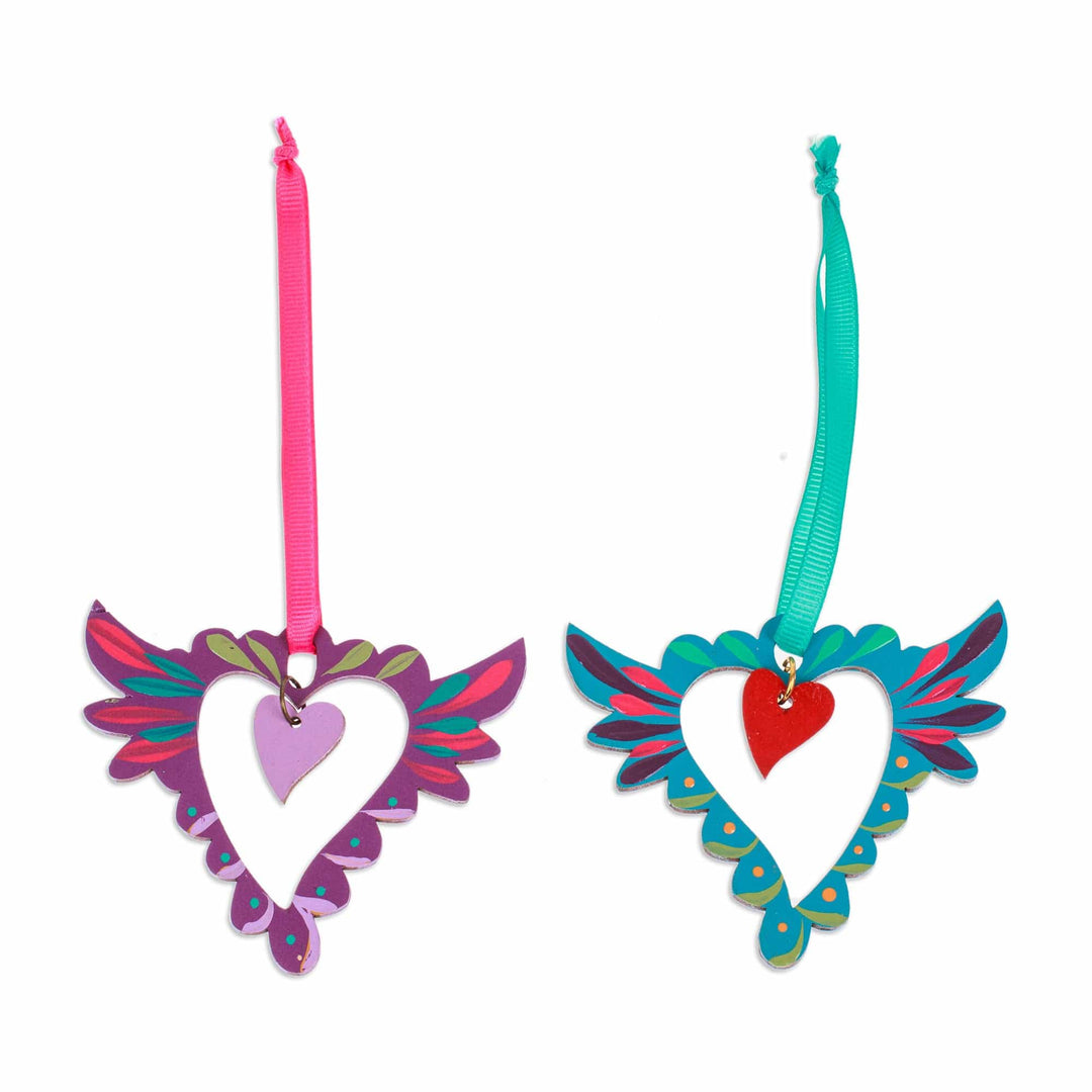 Pair of Hand-Painted Winged Heart Themed Wood Ornaments - Winged Heart