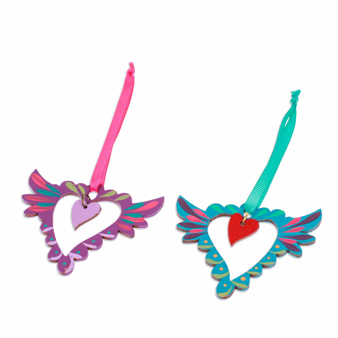 Pair of Hand-Painted Winged Heart Themed Wood Ornaments - Winged Heart