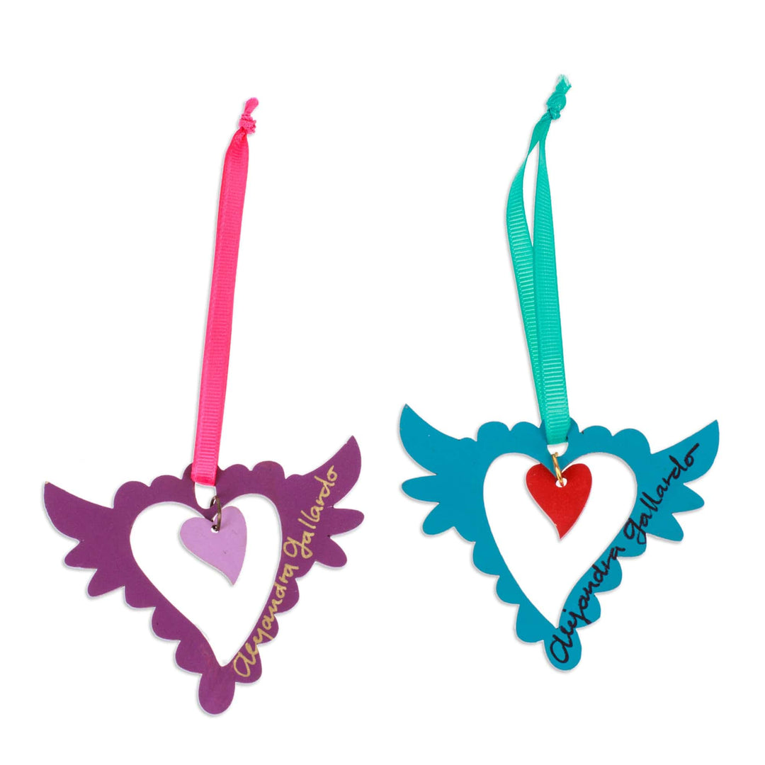Pair of Hand-Painted Winged Heart Themed Wood Ornaments - Winged Heart
