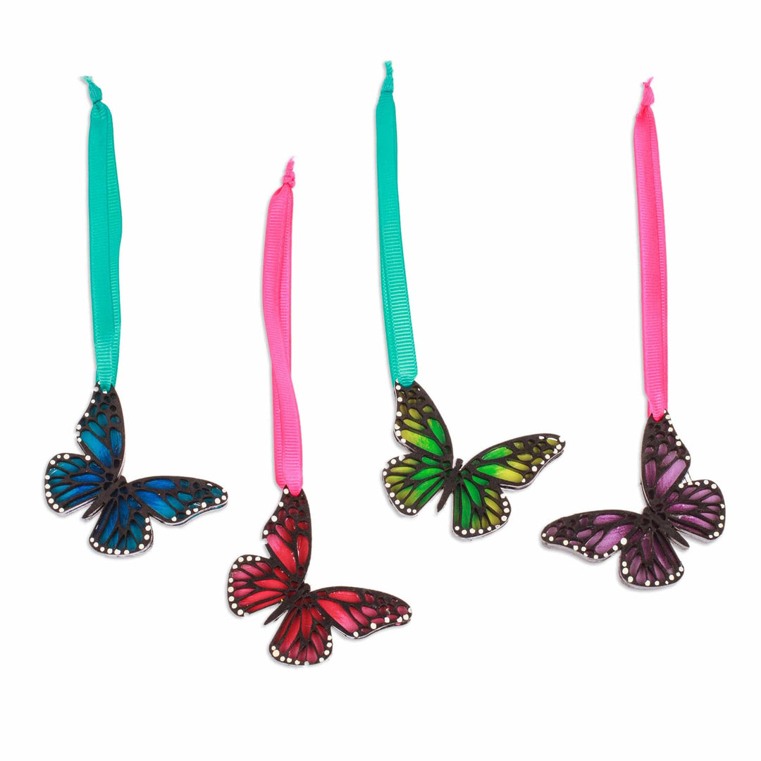 Set of 4 Hand-Painted Colorful Wood Butterfly Ornaments - Monarchs of Hope