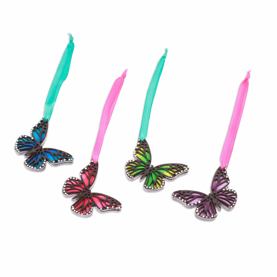 Set of 4 Hand-Painted Colorful Wood Butterfly Ornaments - Monarchs of Hope