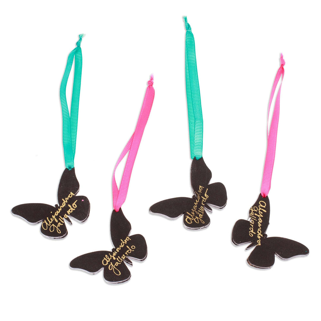 Set of 4 Hand-Painted Colorful Wood Butterfly Ornaments - Monarchs of Hope