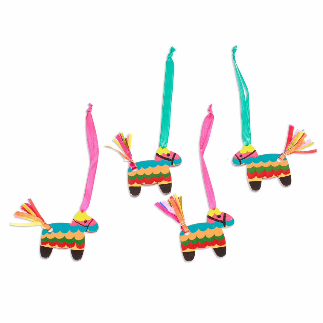 Set of 4 Hand-Painted Piñata-Themed Colorful Wood Ornaments - Vivacious Donkey