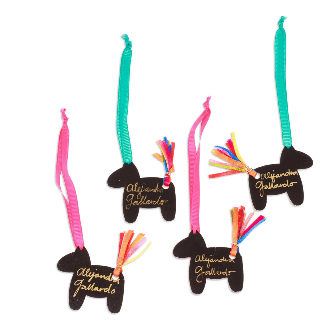 Set of 4 Hand-Painted Piñata-Themed Colorful Wood Ornaments - Vivacious Donkey