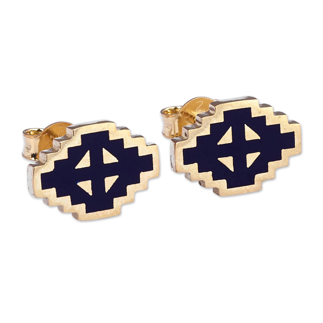 Hand-Painted Navy 18k Gold-Plated Vishap Stud Earrings - Vishap Magic