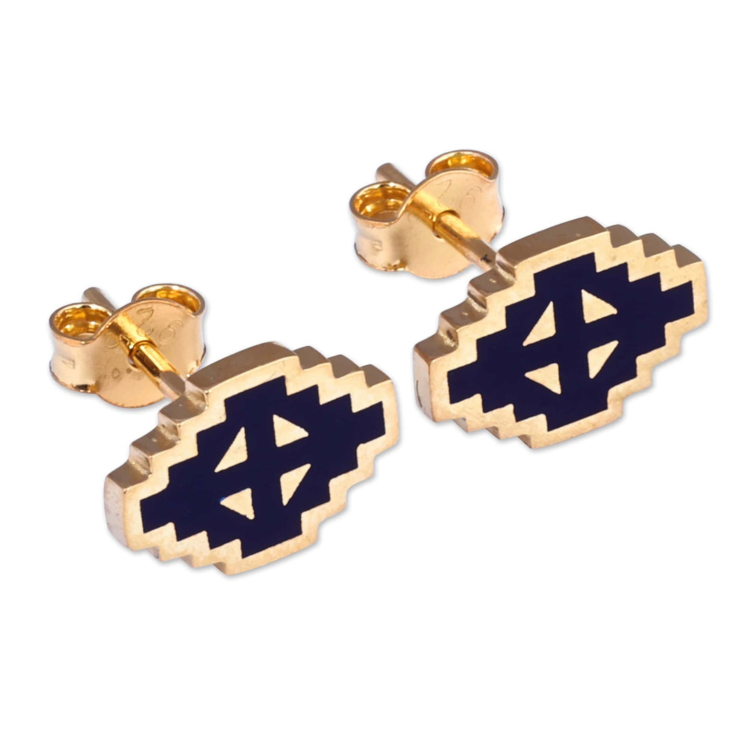 Hand-Painted Navy 18k Gold-Plated Vishap Stud Earrings - Vishap Magic