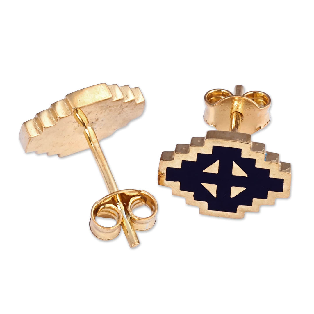 Hand-Painted Navy 18k Gold-Plated Vishap Stud Earrings - Vishap Magic
