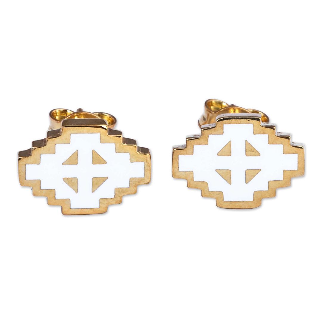 Hand-Painted White 18k Gold-Plated Vishap Stud Earrings - Vishap Paradise