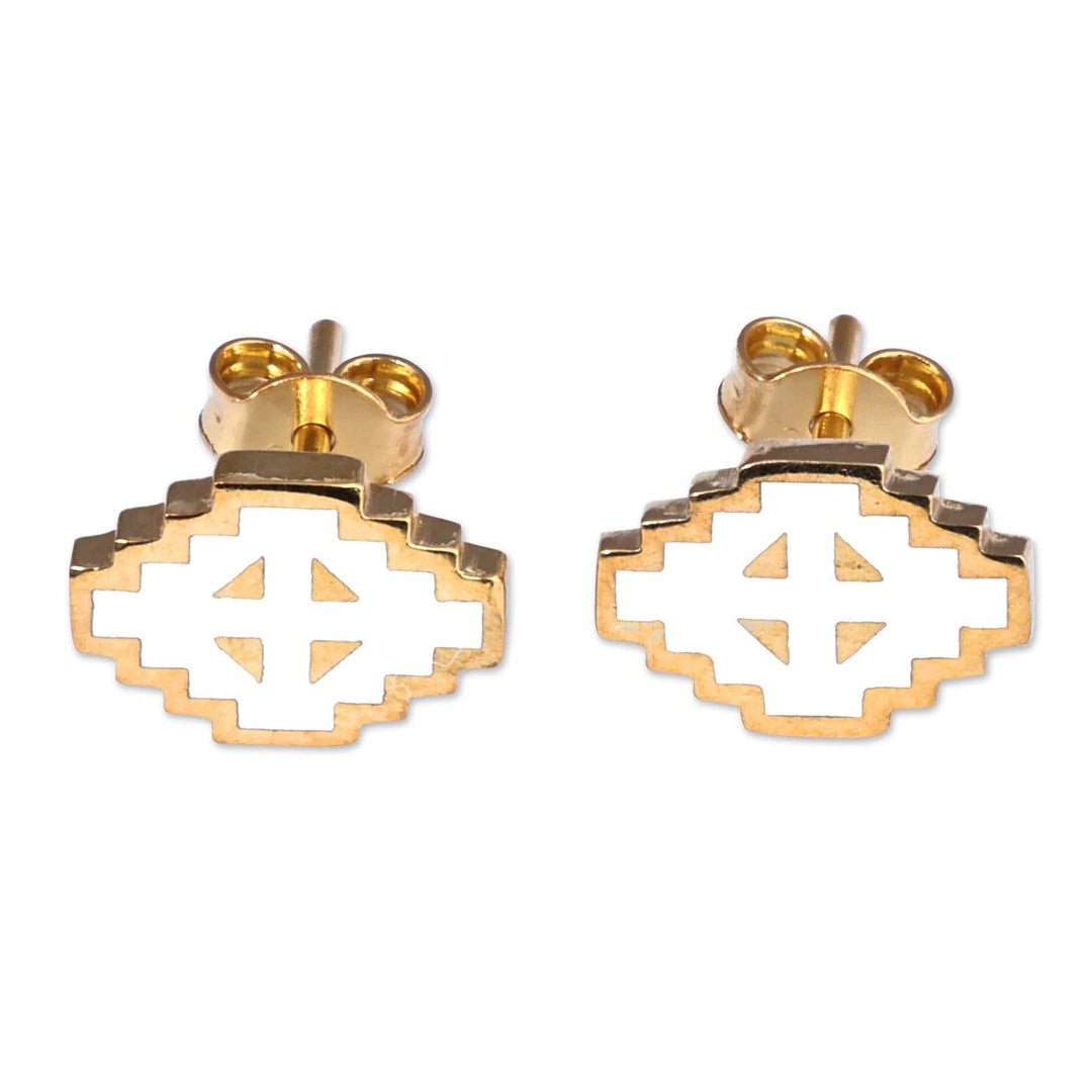 Hand-Painted White 18k Gold-Plated Vishap Stud Earrings - Vishap Paradise