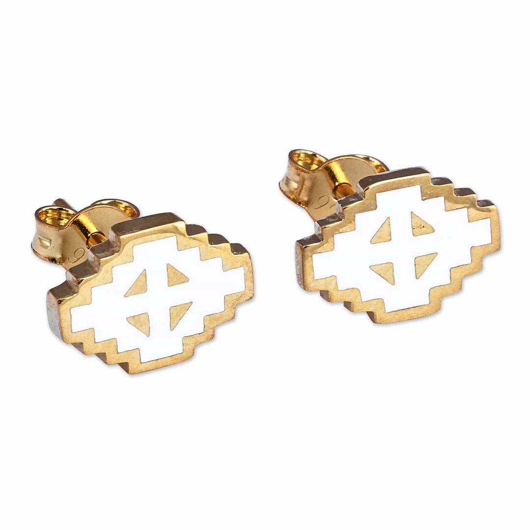 Hand-Painted White 18k Gold-Plated Vishap Stud Earrings - Vishap Paradise