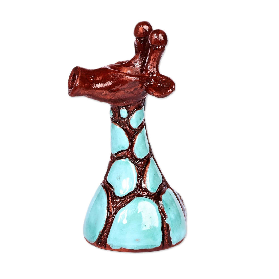 Ceramic Giraffe Sculpture in Blue and Brown Hues - Tall Blue