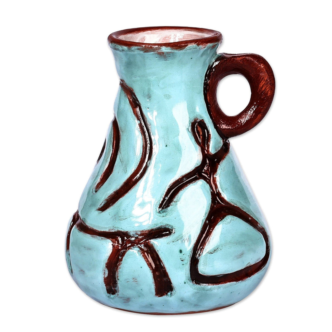 Turquoise and Brown Ceramic Vase with Ancient Pictographs - Ancestral Style
