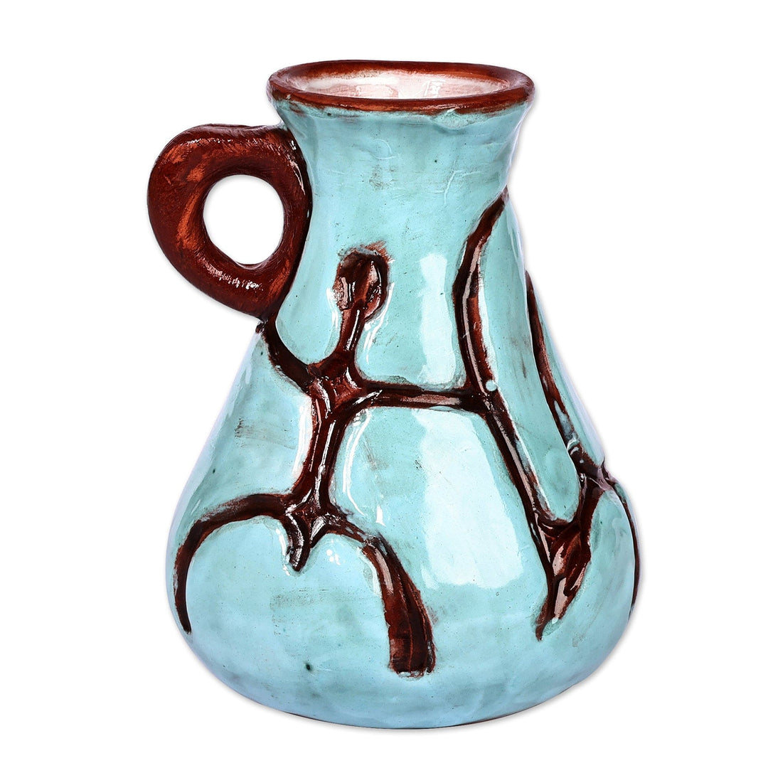 Turquoise and Brown Ceramic Vase with Ancient Pictographs - Ancestral Style