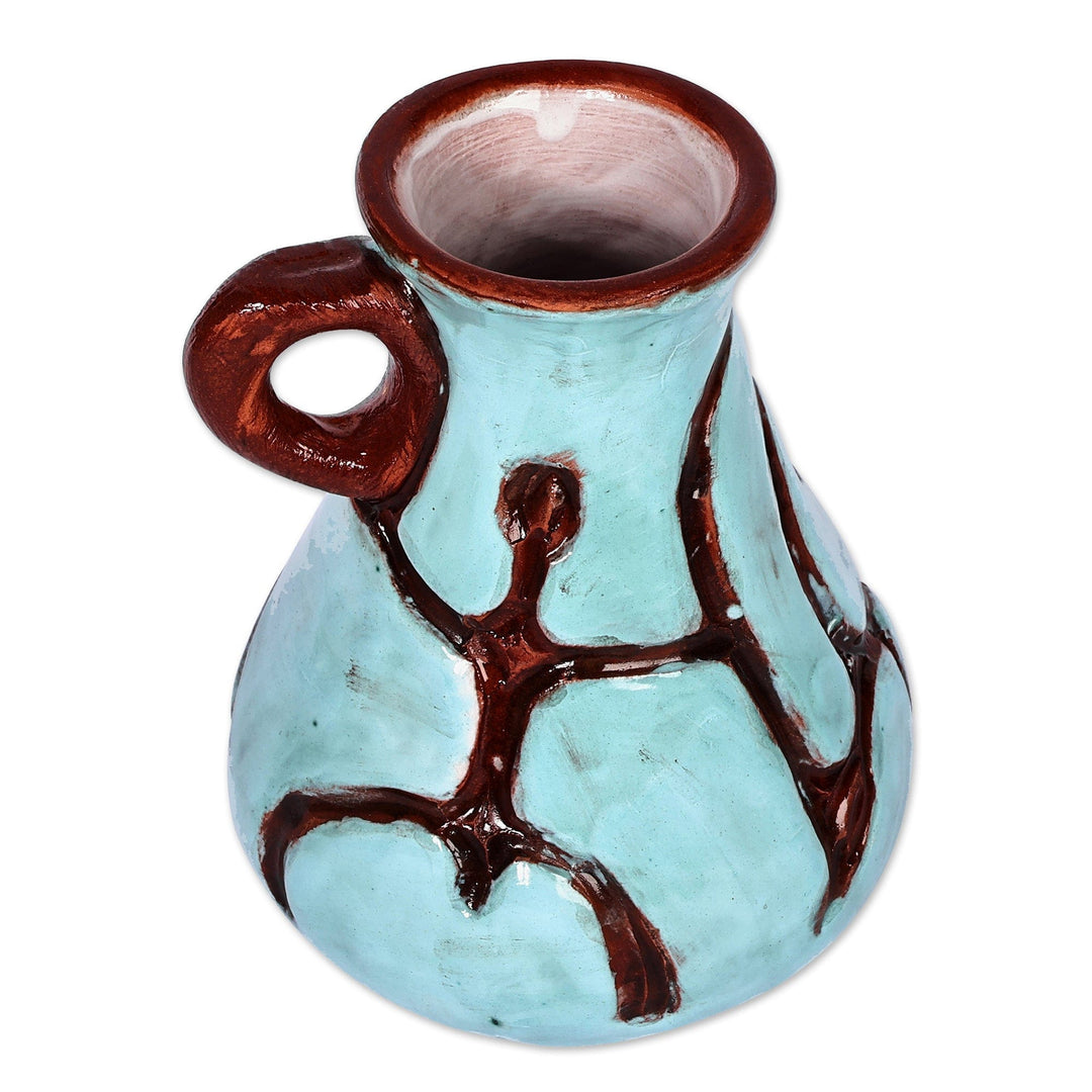 Turquoise and Brown Ceramic Vase with Ancient Pictographs - Ancestral Style