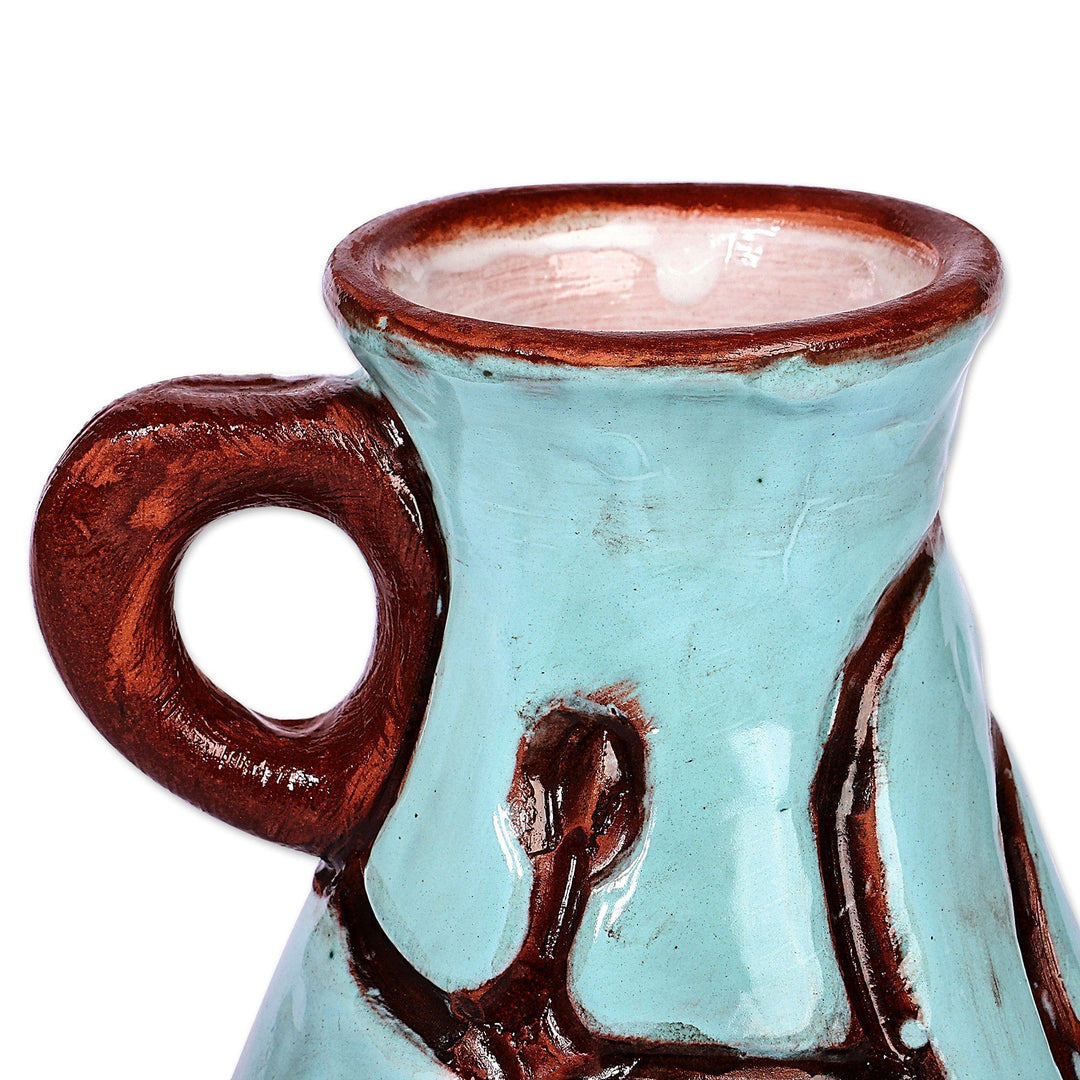 Turquoise and Brown Ceramic Vase with Ancient Pictographs - Ancestral Style