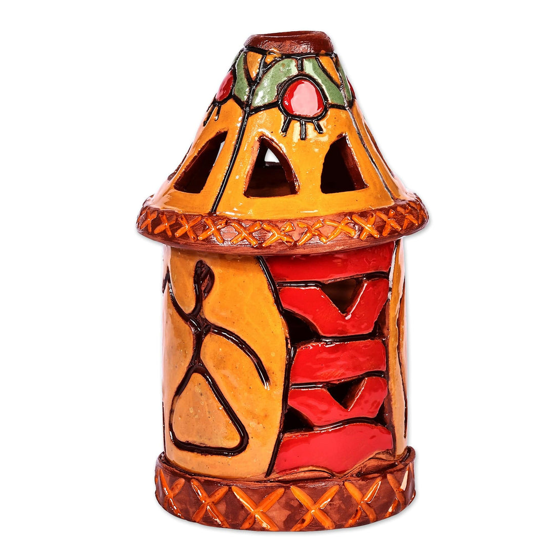 Handcrafted Traditional Yellow and Red Ceramic Candleholder - Joyous Beacon