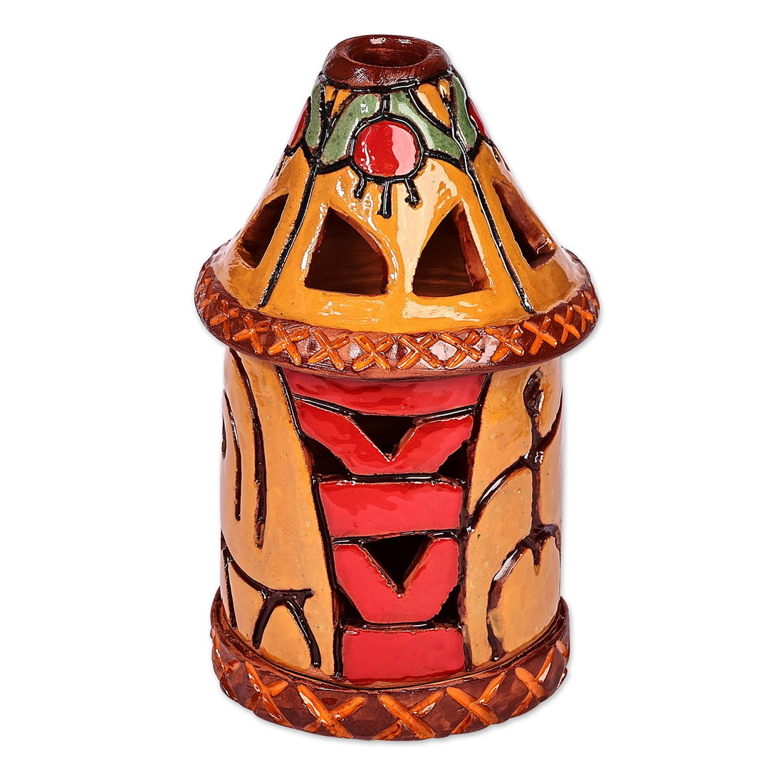 Handcrafted Traditional Yellow and Red Ceramic Candleholder - Joyous Beacon