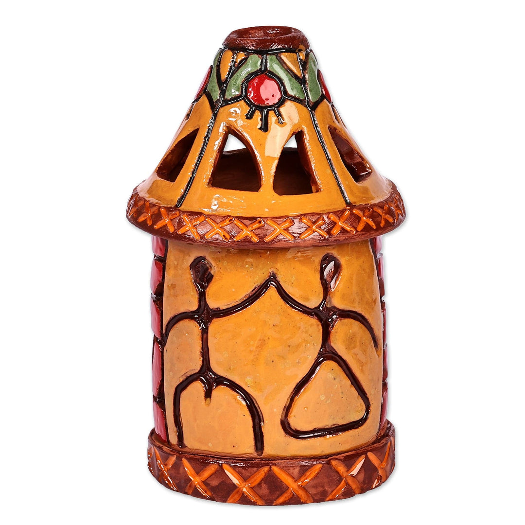 Handcrafted Traditional Yellow and Red Ceramic Candleholder - Joyous Beacon