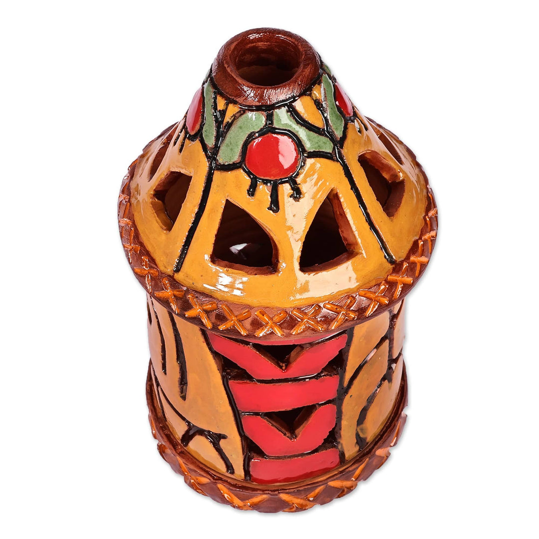 Handcrafted Traditional Yellow and Red Ceramic Candleholder - Joyous Beacon