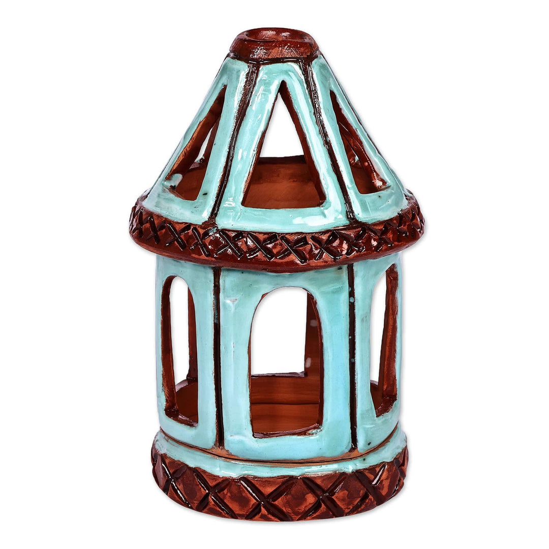 Handcrafted Traditional Blue and Brown Ceramic Candleholder - Serene Beacon